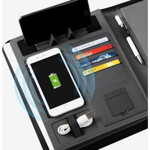 Business Light Luxury PU Leather 10000mAh Powerbank Wireless Charging intelligent Notebook With Card storage Business Gifts