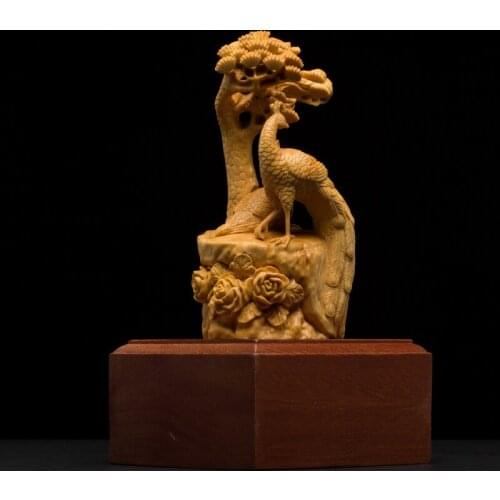 Wooden Peacock Animal Sculpture Boxwood Home Feng Shui Decorative Carving Craft Peacock Open Animal Wood Carving Decoration