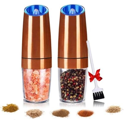 Gravity Electric Spice Mill 2Pcs Set Stainless Steel Copper,Pepper Grinder with LED Light Kitchen Tools Salt and Pepper Shaker