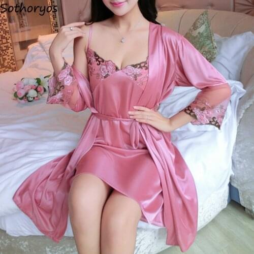 Robe Gown Sets Silk Floral Long Sleeve Fashion Sexy V-neck Thin Soft Womens Bathrobes 2PC Elegant Sleepwear Home Breathable Chic