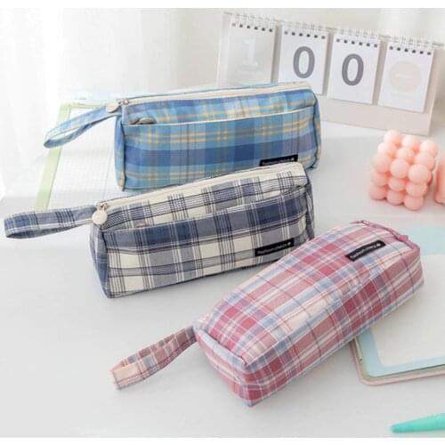 Cute Grid Pattern Student Girl Pencil Bag Big Capacity Canvas Stationery Pen Bag Colorful Grids Pencil Case School Supplies