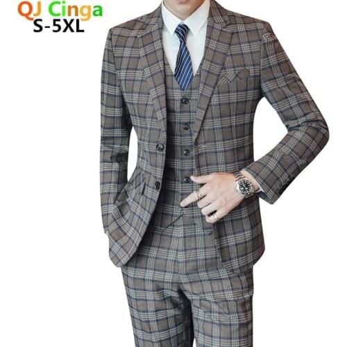 Suit for Men Slim Fit Men Plaid Suit High Quality Groom Wedding Design Suit 3 Piece(Jacket+Pant+Vest) Mariage Gentlemen Costume