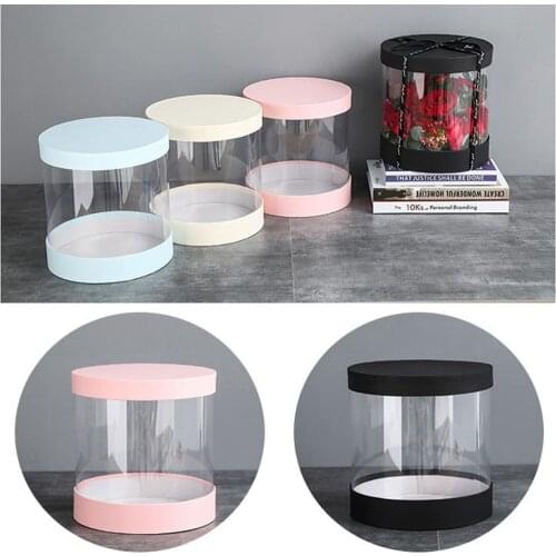 Round Flower Paper Boxes Hug Florist Flowers Bucket Transparent PVC Cake Gift Box Ladies Presents Paper Packing Case Lid Party