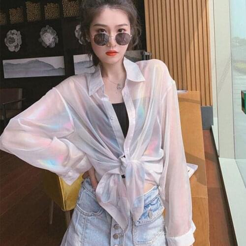 Laser reflective fabric change color long sleeve sunproof top women thin summer korean fashion buttons cunscreen blouse shirts