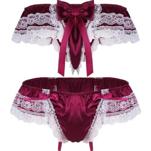 Men Sexy Sissy Briefs Panties Lingerie Night Gay Underwear Layers Lace Back with Bowknot String Homme Thongs Underwear Underpant