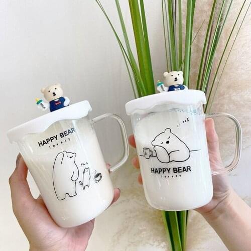 Cartoon Bear Glass mug with bear Silicone cover Water Cup With Scale With Lid Simple Cute Milk coffee mug Breakfast Drinkware