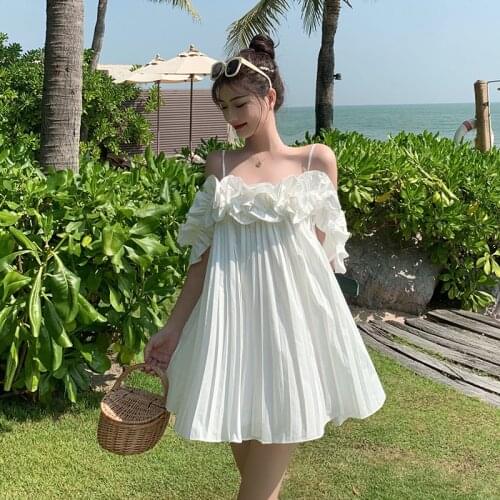 White Summer Sexy Dress Women Beach Fashion Vacation Ruffles Strapless Short Mini Dresses Sweet Fluffy Pleated Vestido Femme New