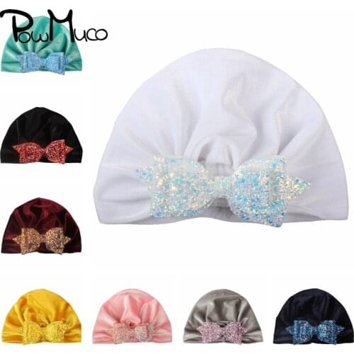 Powmuco 18*14 CM Soft Golden Velvet Indian Hats Double Layer Glitter Sequins Bows Caps Infant Bows Headwear Photography Props