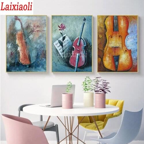 Retro violin 5D DIY Diamond painting Full Square Round diamond embroidery cross stitch mosaic 3 pcs hobby wall stickers decor