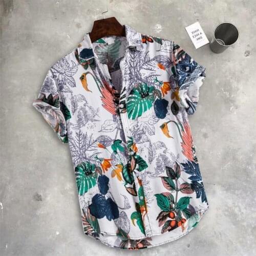 Breathable Cotton Men Shirt Ethnic Style Leaf Print Vintage Short Sleeve Streetwear Tops Loose Men Beach Hawaiian Shirts 2021