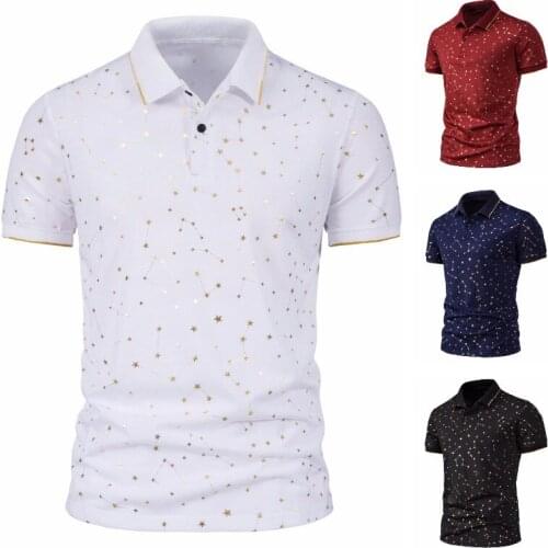 2021 New Summer Fashion Casual Mens Star Chain Gold Print Lapel Slim Business Casual Short Sleeves Men Polo Shirt