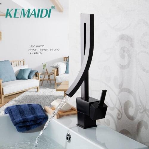 KEMAIDI Black Chrome Faucet Single Handle Waterfall Basin Mixer Tap Hot & Cold Bathroom Faucets Sink Waterfall Faucet Drain