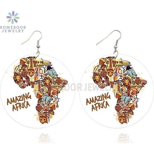 SOMESOOR Amazing African Ethnic Arts Printed Wooden Drop Earrings Tribal Animals Lion Elephant Giraffe Eco Design For Women Gift