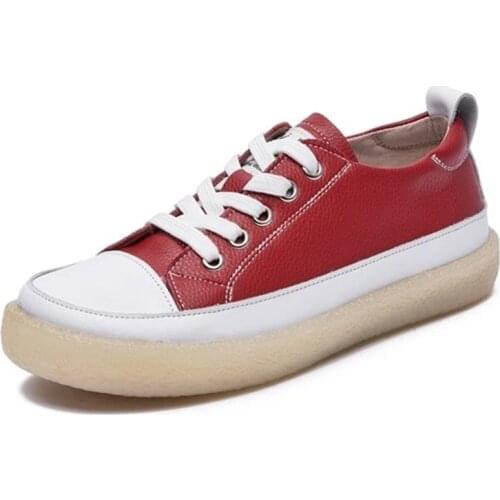 Women Spring Shoes 2021 New Genuine Leather Trend Color Matching Women Shoes Flat Bottom Lace-up Casual Girl Student Shoes