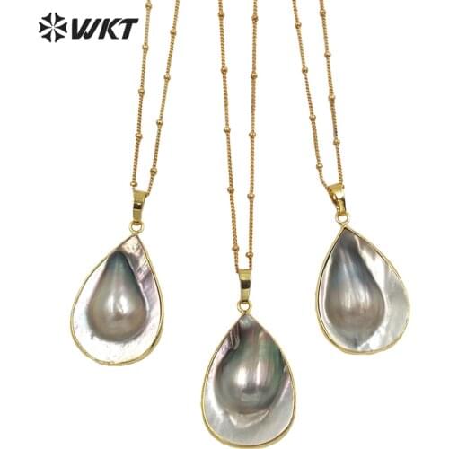 WT-JN145 Unique Black Mother of Pearl teardrop pendant necklace fashion gold plated drop necklace with gold bezel lady necklace