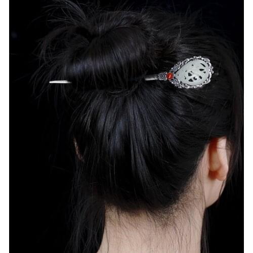 925 Sterling Silver Hair Jewelry Jade Agate Hair Stick Hanfu Accessories For Women Ethnic Chinese Hairpin