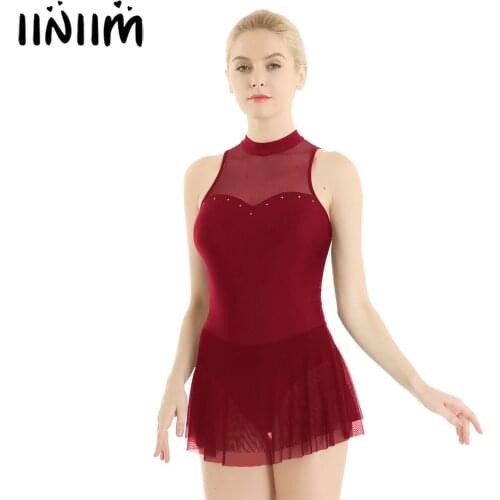 Women Adult Mesh Splice Skating Dancing Ballerina Costume High Neck with Built-in Leotard Bodysuit Ballet Dance Gymnastics Dress