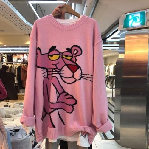 Autumn Winter New Fashion Cartoon Pink Leopard Print Sweater Women Loose Pullover Sweater Red Cartoon Leopard Women Sweater