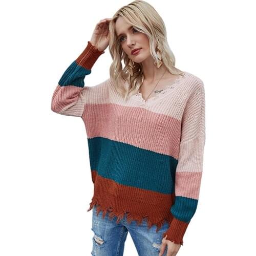 Womens Loose Knitted Sweater Long Sleeve V-Neck Pullover Top Autumn and winter new style V-neck striped contrast sweater
