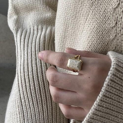 Silvology Square Marble Rings for Women 925 Sterling Silver Gold Color Chic Elegant Rings Thick Fashionable Female Jewelry Gift