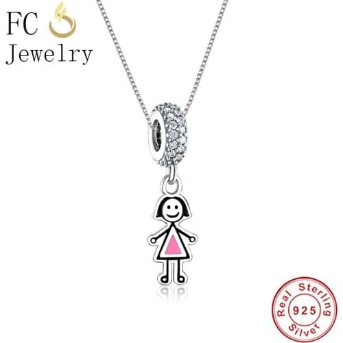 FC Jewelry 925 Sterling Silver Little Girl With Pink Enamel Pendant Necklaces For Women Chain Choker Trinket Fashion Gift Trendy