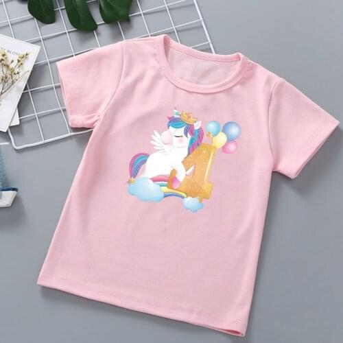 2021 Kawaii Rainbow Horse Balloon 3-9th Birthday Gift Graphic Print T Shirts Girls T-Shirts Kids Clothes Children Clothing Tops