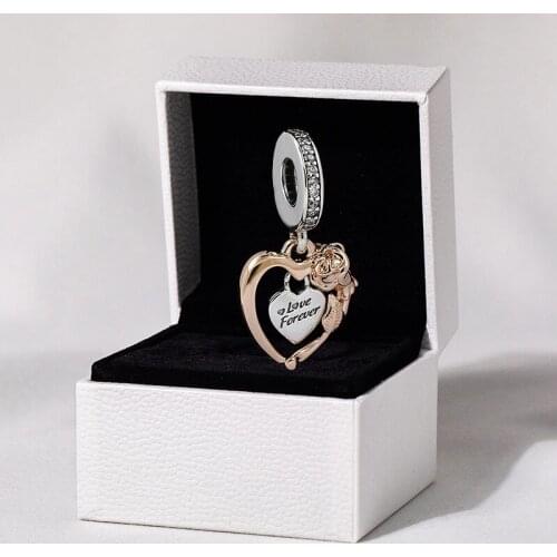 2021 New Valentines Day Heart Rose Flower Dangle Charms 925 Sterling Silver Fit Bead Bracelets Gift DIY For Women Jewelry