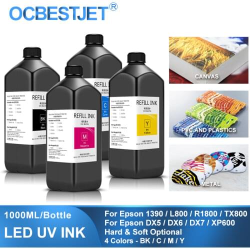 1000ML 4 Colors/Set LED UV Ink For DX4 DX5 DX6 DX7 Printhead For Epson 1390 R1800 R1900 4800 4880 7880 9880 UV Flatbed Printer