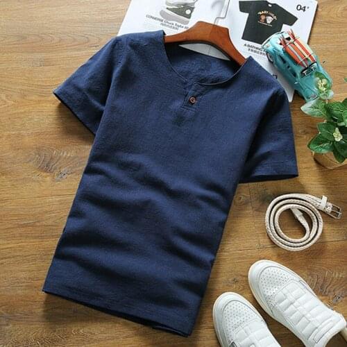 Plus Size M-7XL White Summer Pure Color Tops 2019 Cotton Linen Mens o-neck t-Shirt Flax Slim Casual One Buttoning Short Sleeve