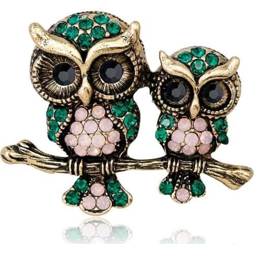 Fashion Jewelry Brooches Rhinestone Double Owl Brooch Pin Animal Birthday Gift
