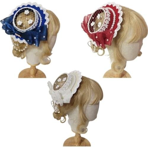 Womens Lace Net Flat Hat Lolita Girl Lovely Pearl Bow Ribbon Cap with Lace Edge Headmade Hair Accessories for Tea Party