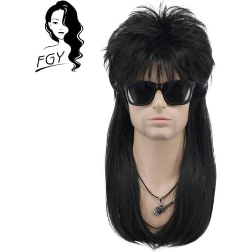 FGY Mens Long Straight Hair Synthetic Band Bangs Curly Hair Black 80s Mullet Cosplay Punk Heavy Metal Rock Halloween Wig
