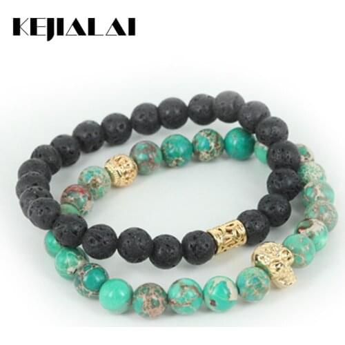 KEJIALAI 2pcs High Quality Natural Lava/Green Regalite Round Stone Beads Men Bracelet Beaded Skull Head Women Bracelet A0584