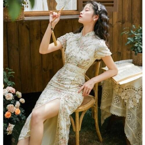 Chinese Traditional Dress Embroidery Retro Improved Cheongsams Oriental Party Summer Floral Dresses for Women