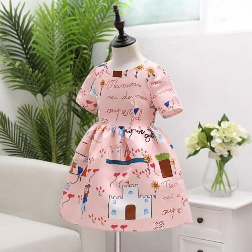 90/100/110/120/130 Girls Summer Dress Cute One-Piece Knee Length Short Sleeve Dresses Colorful Cartoon Printing Princess Dress