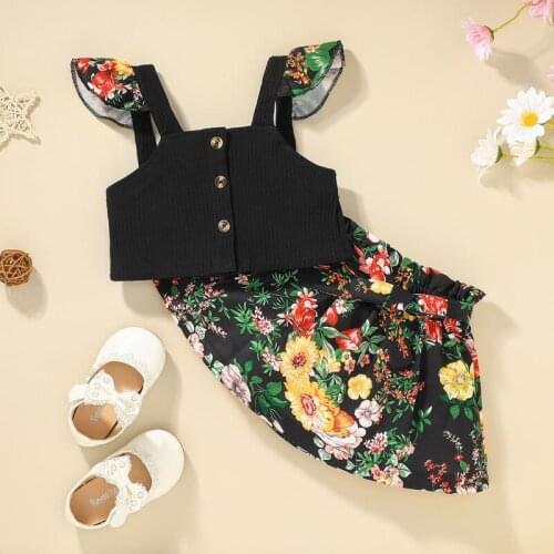 Summer Baby Girl Clothes Set Toddler Kids Girls Floral Outfit Flared Sleeve Vest Tops+ Skirt Dress 2pcs Children Clothing Suit