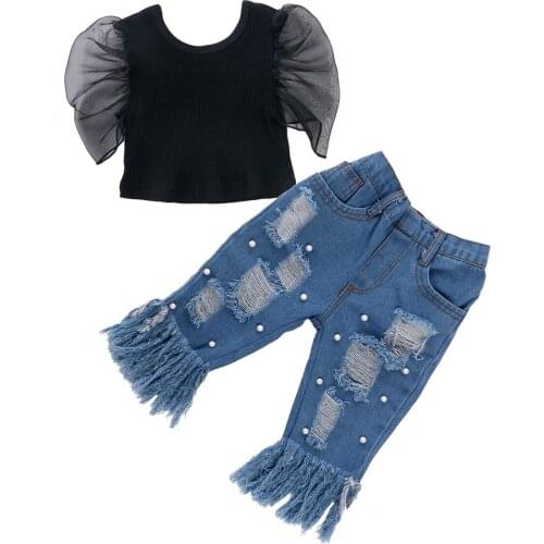 Fashion Kids Baby Girl Clothes sets Mesh Puff Short Sleeve Round Neck Crop Top Pocket Ripped Jeans Outfits 1-5Y