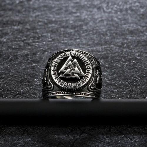 Mens Stainless Steel Ring Viking Valknut Nordic Style Odin Runes Amulet Rings Nordic Jewelry