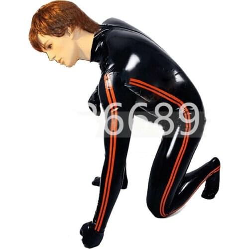 Male Latex Rubber Catsuit Bodysuit with Side Strips Socks attached