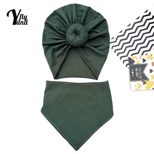 Yundfly Soft Comfortable Knitted Cotton Infant Hat and Bib Set Solid Color Donut Baby Turban Cap Newborn Saliva Towels Kids Gift