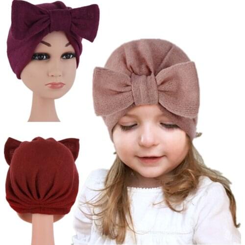 Pure Color Cute Baby Hat Toddler Kids Soft Cotton Turban Cap Boy Girl Big Bowknot Head Wraps For 0-3 Years Children