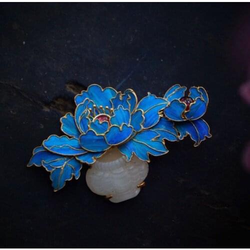 Original Designer Cloisonne Enamel Porcelain Craft Peony Flower Brooch Chinese Retro Charm womens silver jewelry