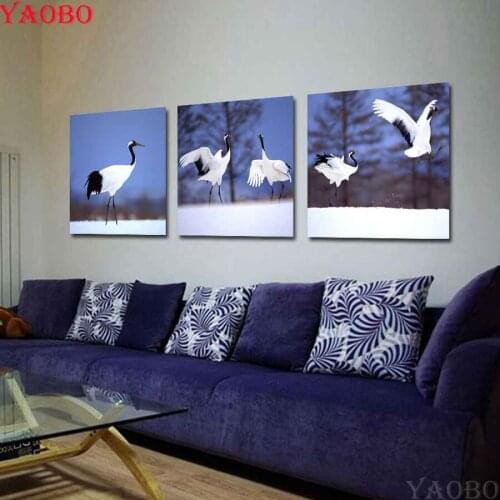 Diy triptych diamond painting white crane bird pattern cross stitch 5d mosaic diamond embroidery 3pcs full square/round drills