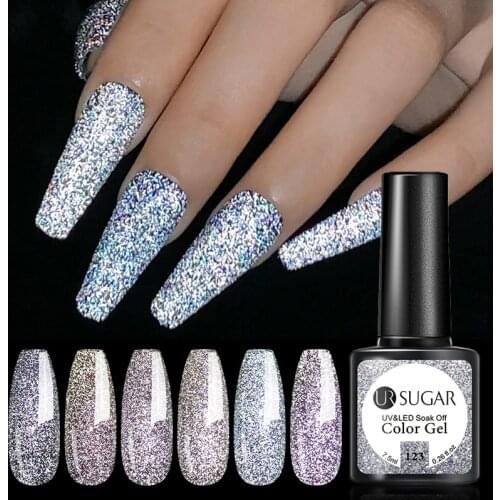 UR SUGAR Reflective Glitter UV Gel Varnish Bright Sparkly Silver Color Gel Nail Polish Nail Art Manicure Soak Off Base Top Coat