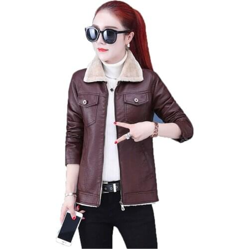 Brown Imitation Leather Coat Women 2021 Winter New Style Lapel Temperament Zipper Fashion Plus Size Black Leather Jacket N1272