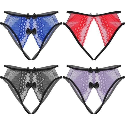 Women Floral Lace Crotchless Briefs Panties Bowknot Decor Thongs Underwear Open Butt Underpants Nightwear Honeymoon Gift