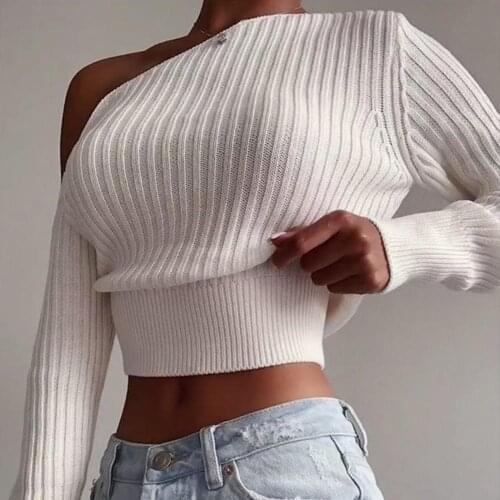 Women Sexy Off Shoulder Sweater Solid Color Long Sleeve Ribbed Knitted Pullover Button Decor Ribbed Knitted Slim Autumn Pullover