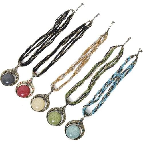 Bohemian Ethnic Jewelry Necklace Handmade Pendant Necklace Natural Stone Bead Exaggerated Round Hollow Maxi Necklace Womens Gif