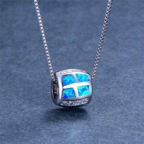 Boho Female Round Ball Pendants Necklaces Fashion White Blue Fire Opal Necklace silver color Wedding Necklaces For Women
