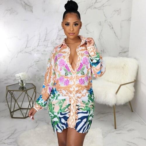 2021 New Women Sexy Shirt Dress Print Full Sleeve Turn-down Collar Single Breasted Bodycon Dresses Fashion Vestidos Autumn Wear